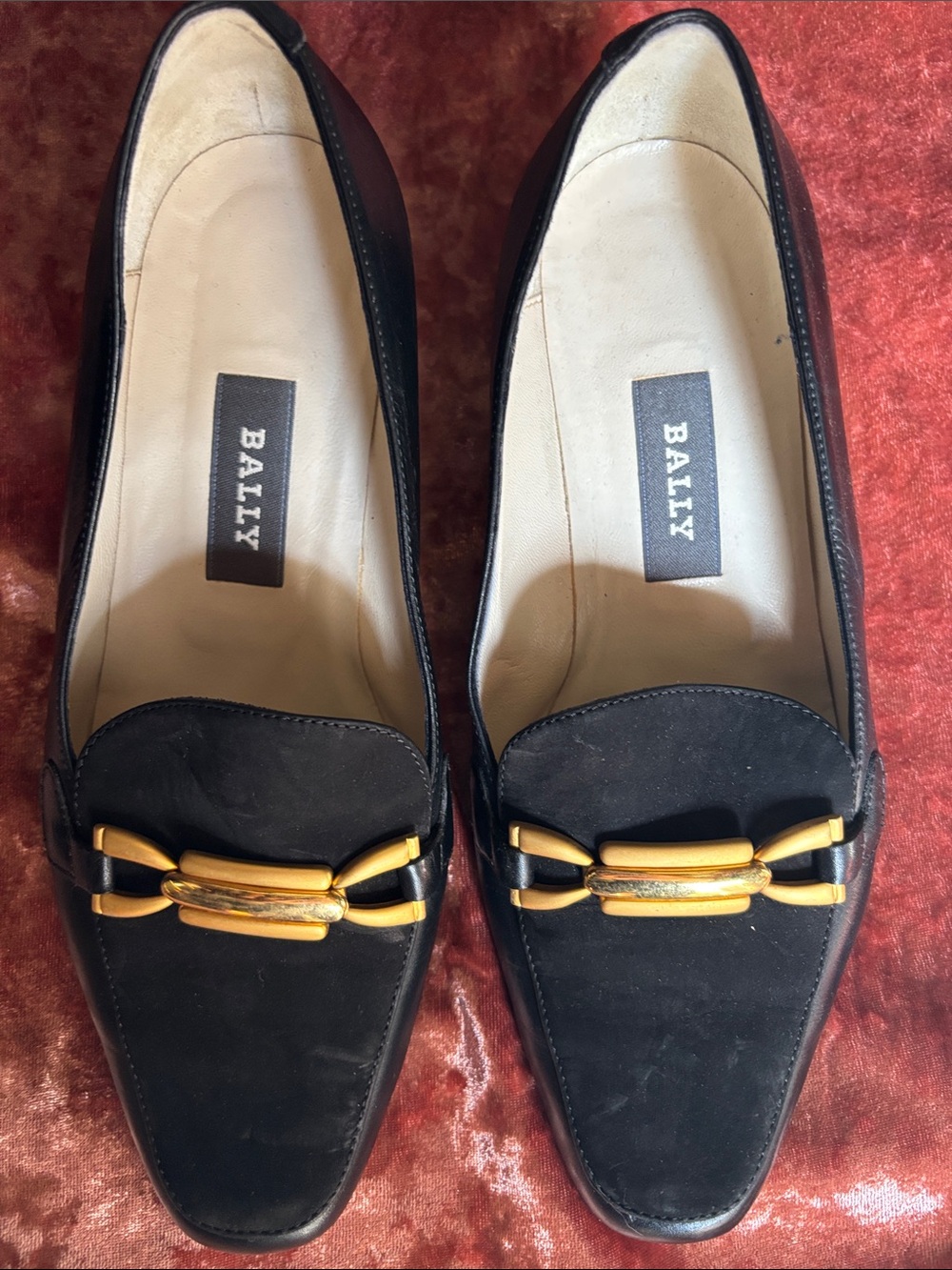 Bally Black Leather & Suede Loafers with Gold Hardware